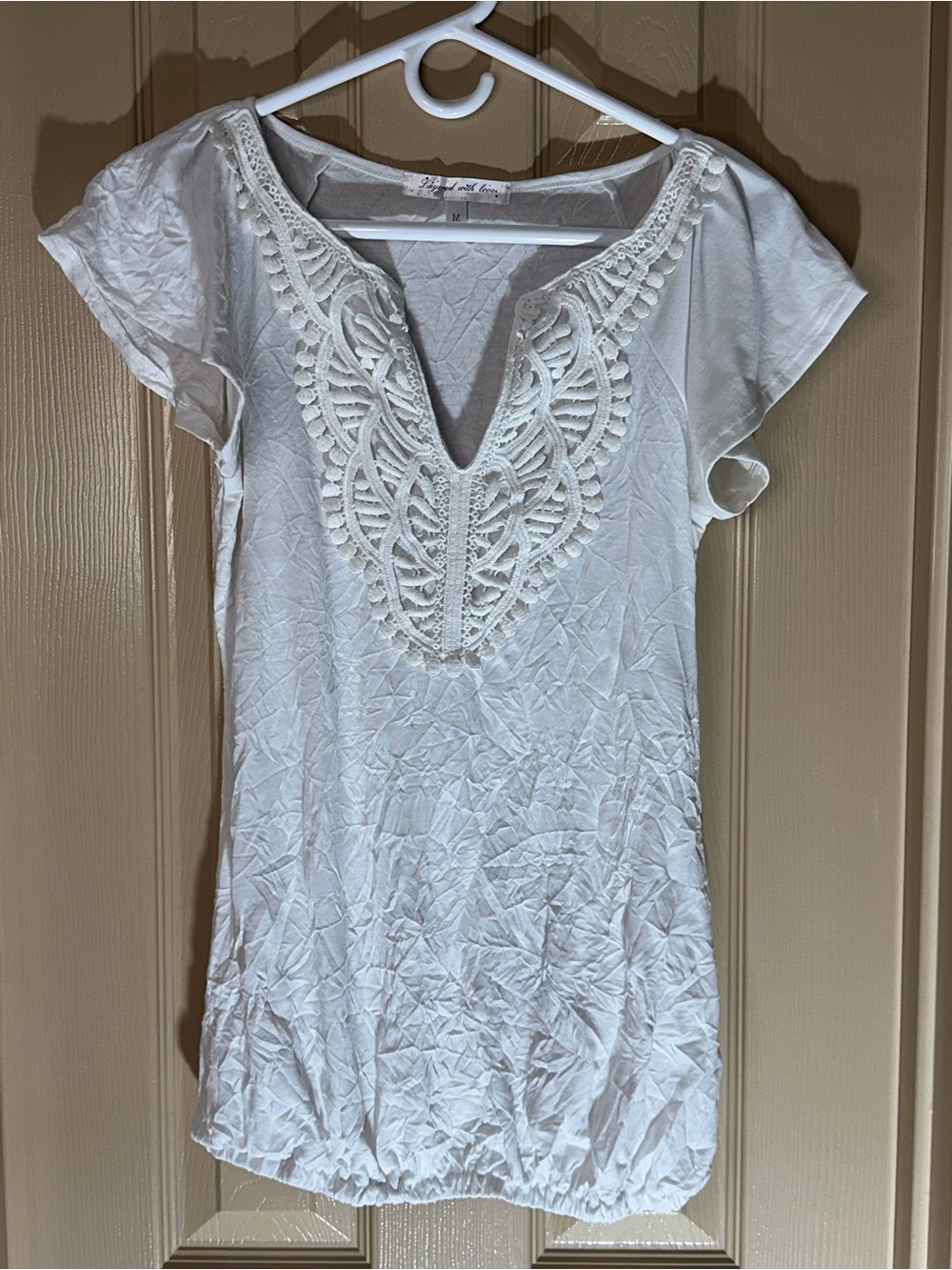 Cottagecore Women's White Smocked hem Crochet Embroidered V-Neck Crinkle Blouse